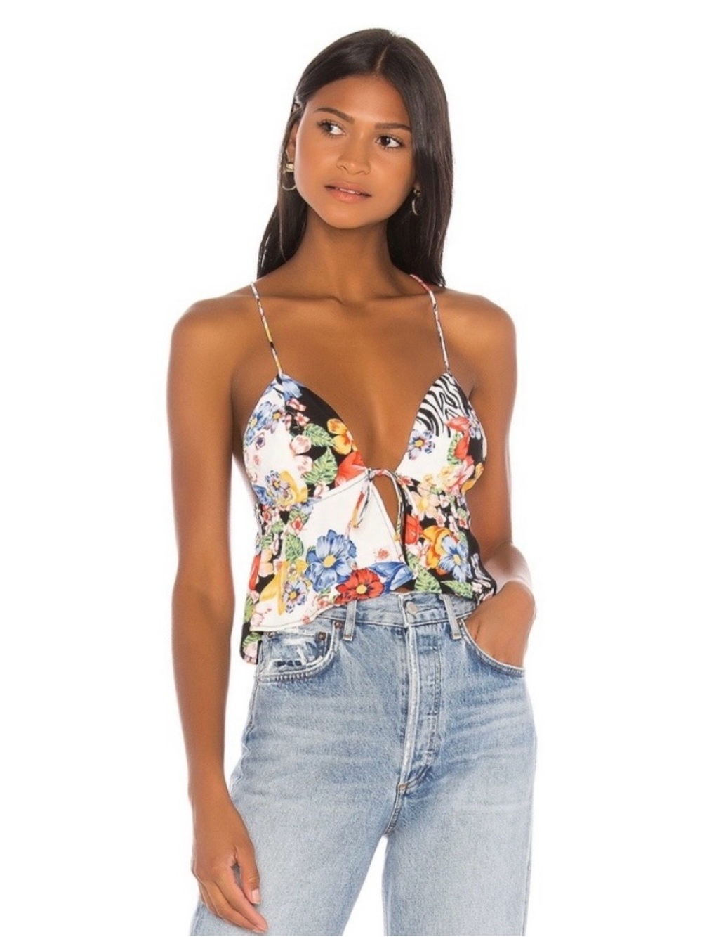superdown Floral Tie-Front Spaghetti-Strap Cami - White Multi